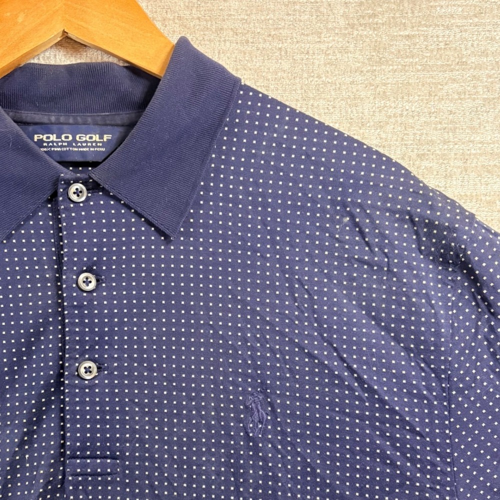 VTG Polo Golf Ralph Lauren Mens Navy Blue Polka Dot 100% Pima Cotton Polo XL EUC
